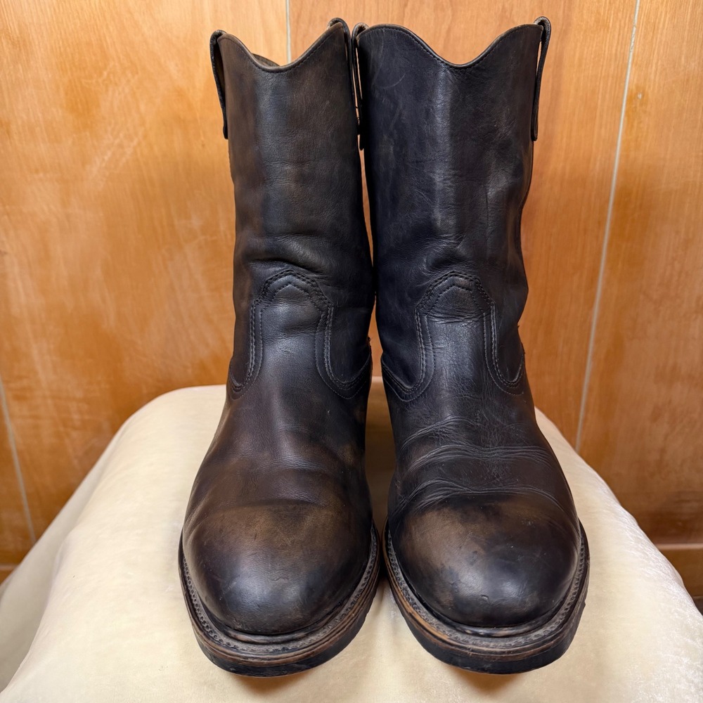 Vintage Hy-Test Black Leather Safety Work Boots Western Pull On Mens Size 10.5